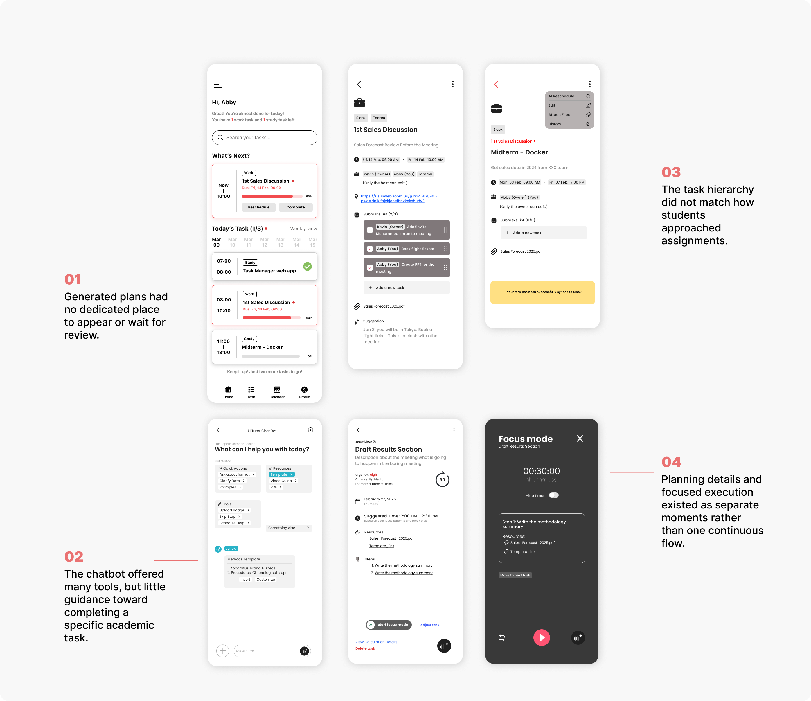 Early Lyntra interface showing unclear plan status, unguided chatbot assistance, and a confusing hierarchy between tasks, subtasks, and focus steps