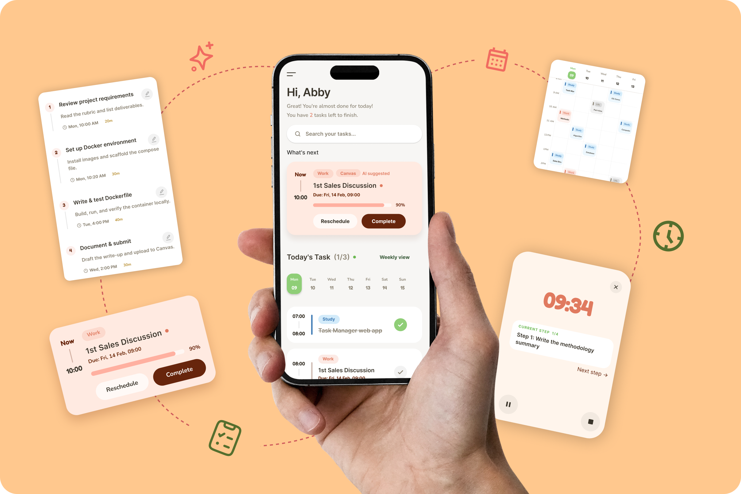Lyntra mobile planning experience showing Today, assignment steps, calendar, and Focus Mode
