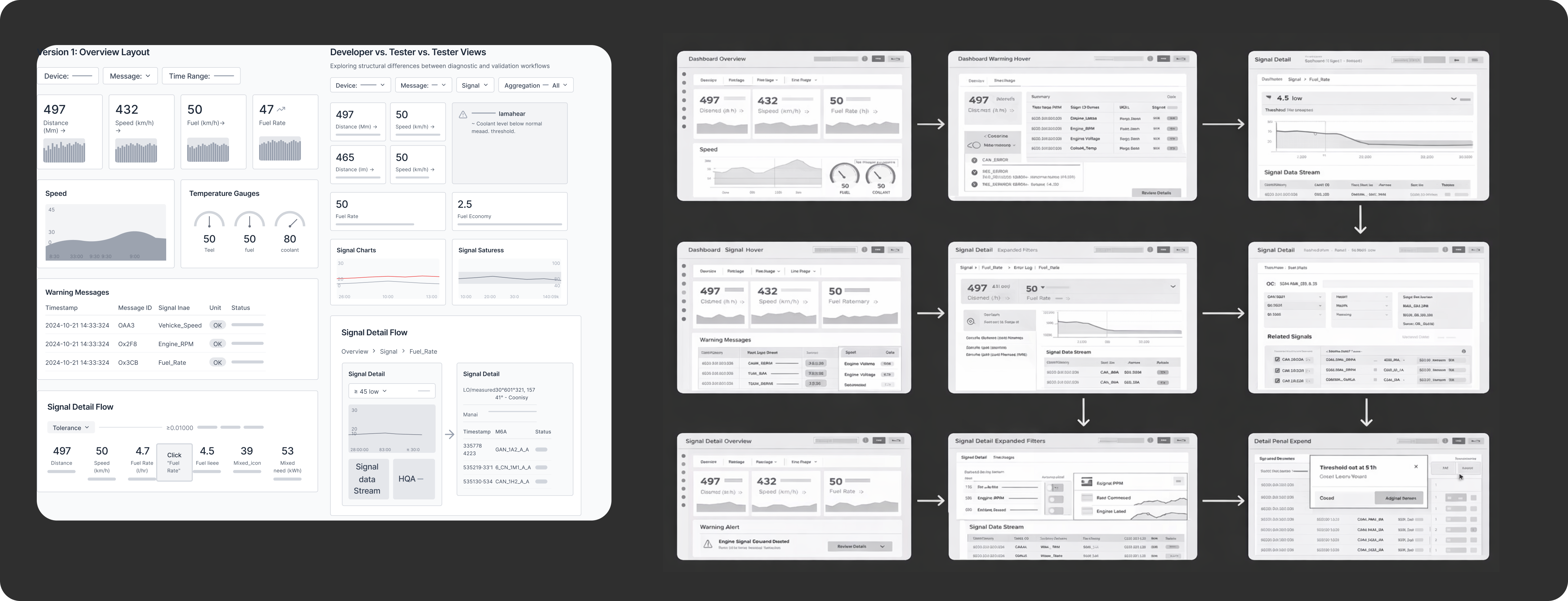 Low-fidelity dashboard and signal detail flows